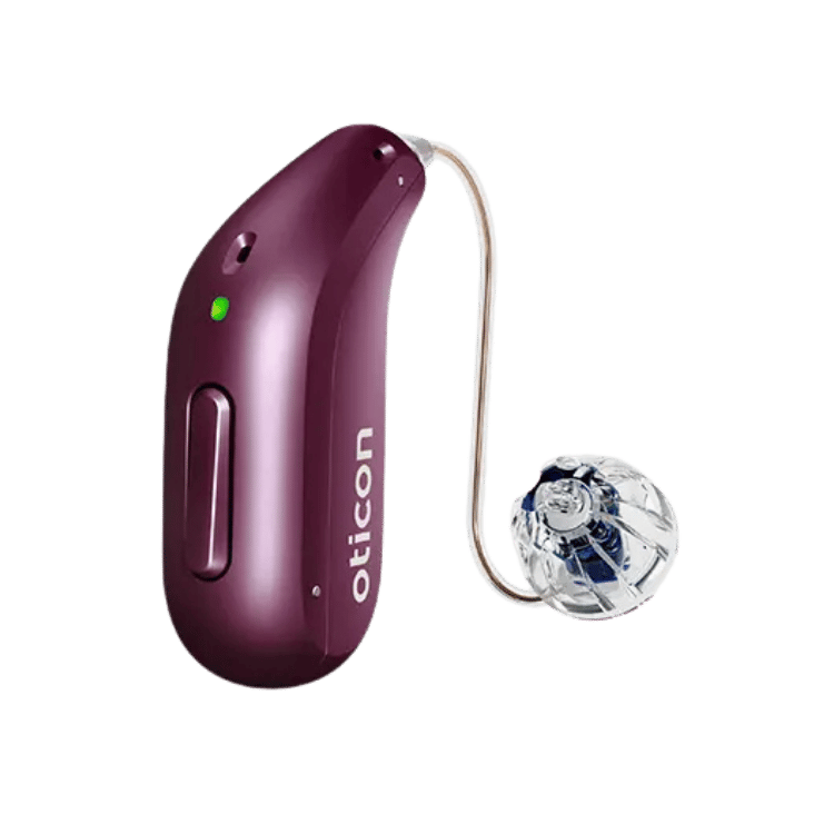 Two Oticon hearing aids, one behind-the-ear with clear dome and one smaller in-ear model with a pull tab.