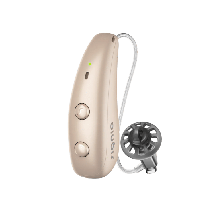 Pair of black Signia hearing aids, including a behind-the-ear model with a thin tube and a smaller in-ear model.